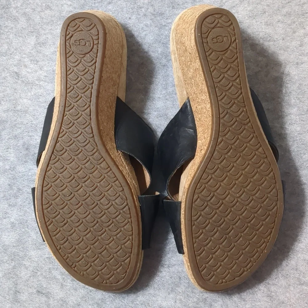 UGG Lyra Cross Cork Wedge Black Leather Sandals Size 8 - Picture 8 of 11